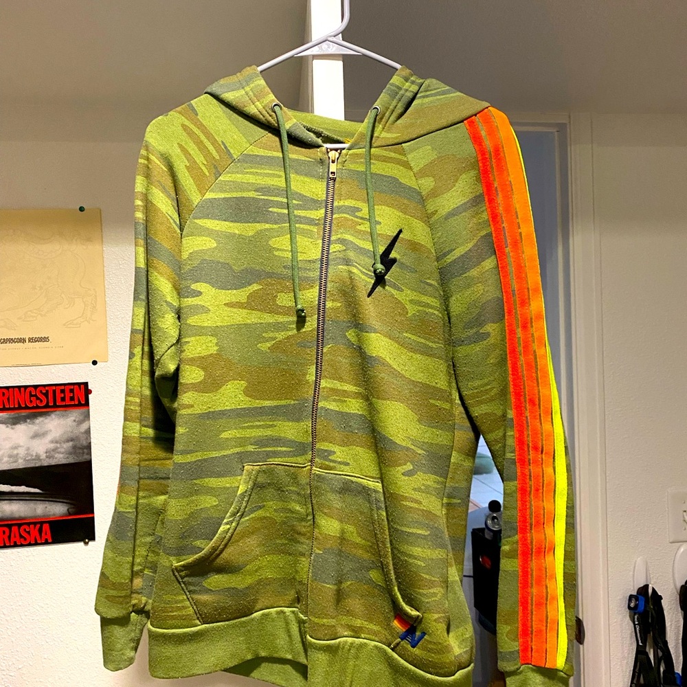 Aviator Nation green camp hoodie (striped sleeves) sz Medium (mens small fit)